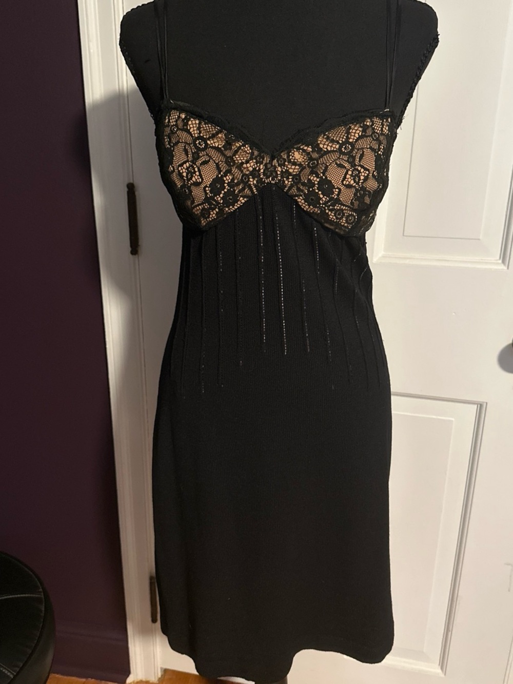 St. John Evening by Marie Gray Black Lace-Trim Knit Slip Dress